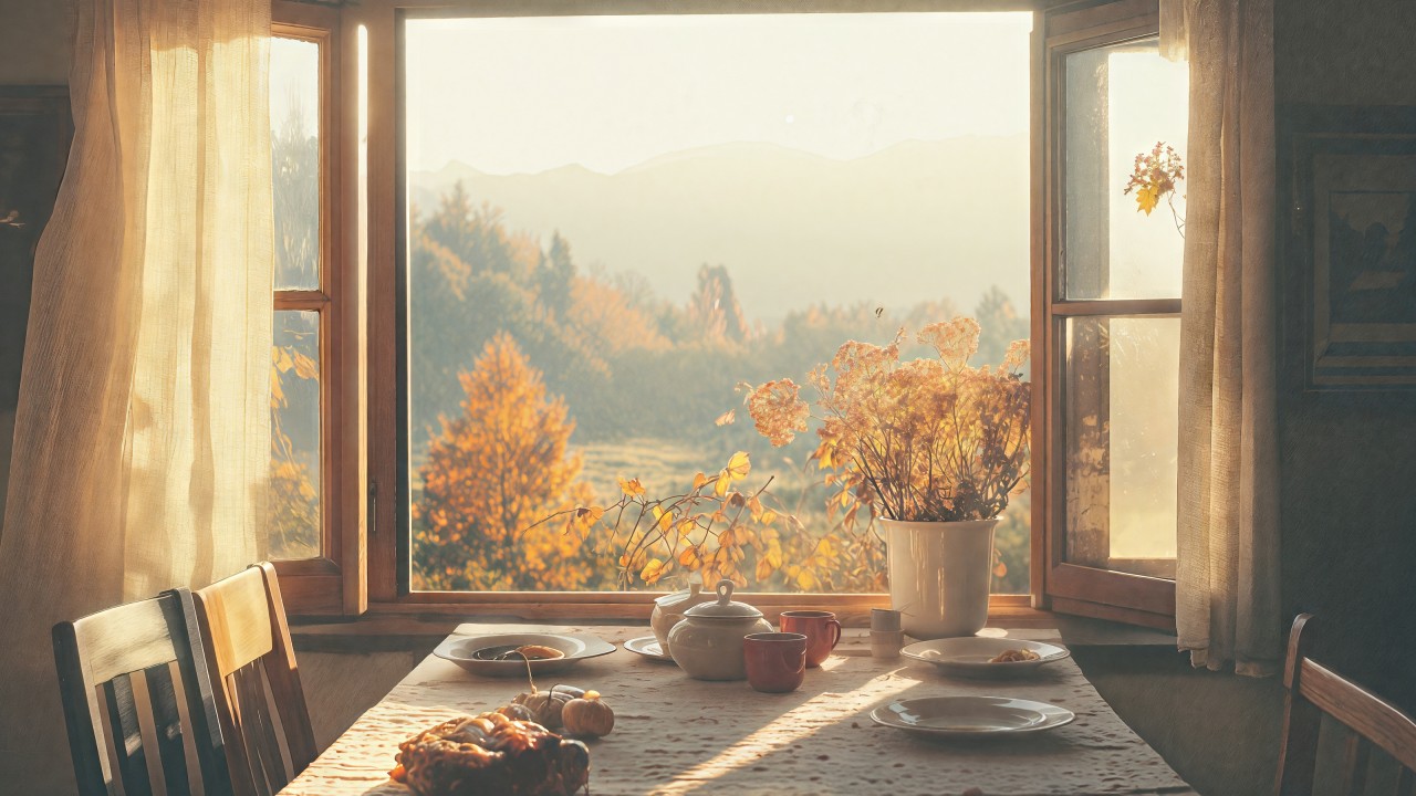 thanksgiving table wallpaper, cozy home, fall festivities, background for desktop wallpaper (horizontal)