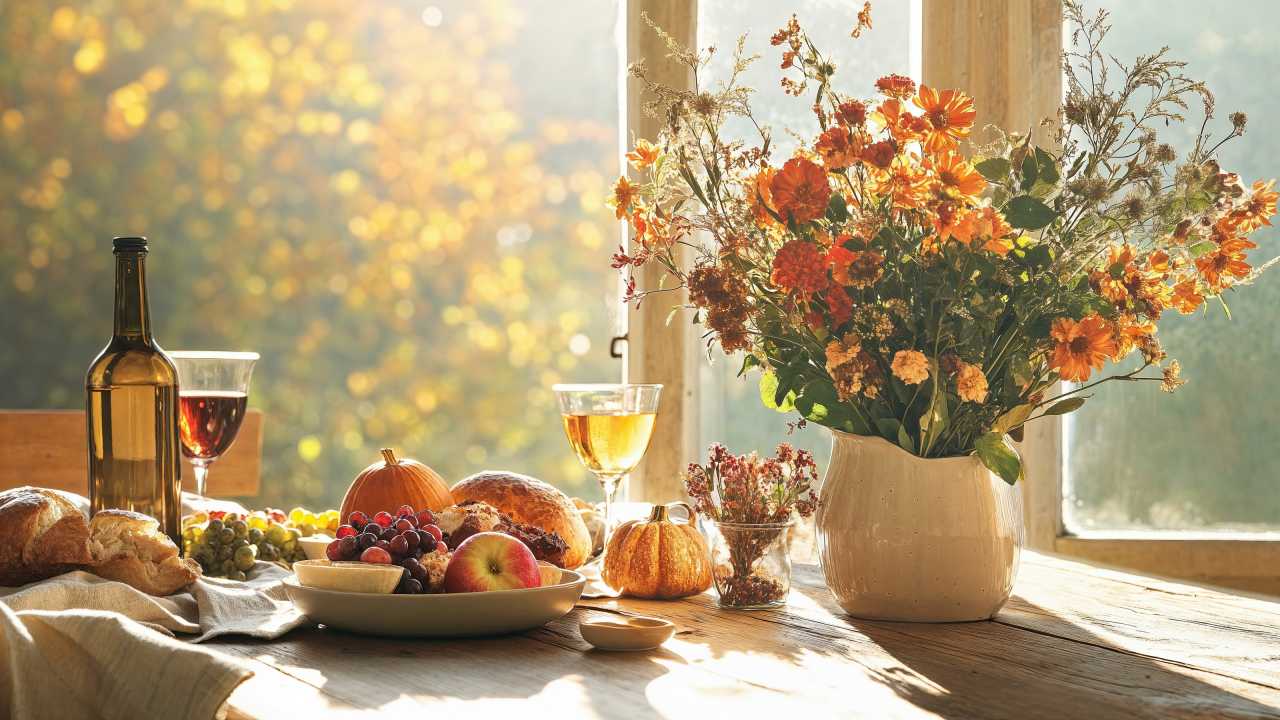 thanksgiving meal wallpaper, table, autumn harvest, background for desktop wallpaper (horizontal)