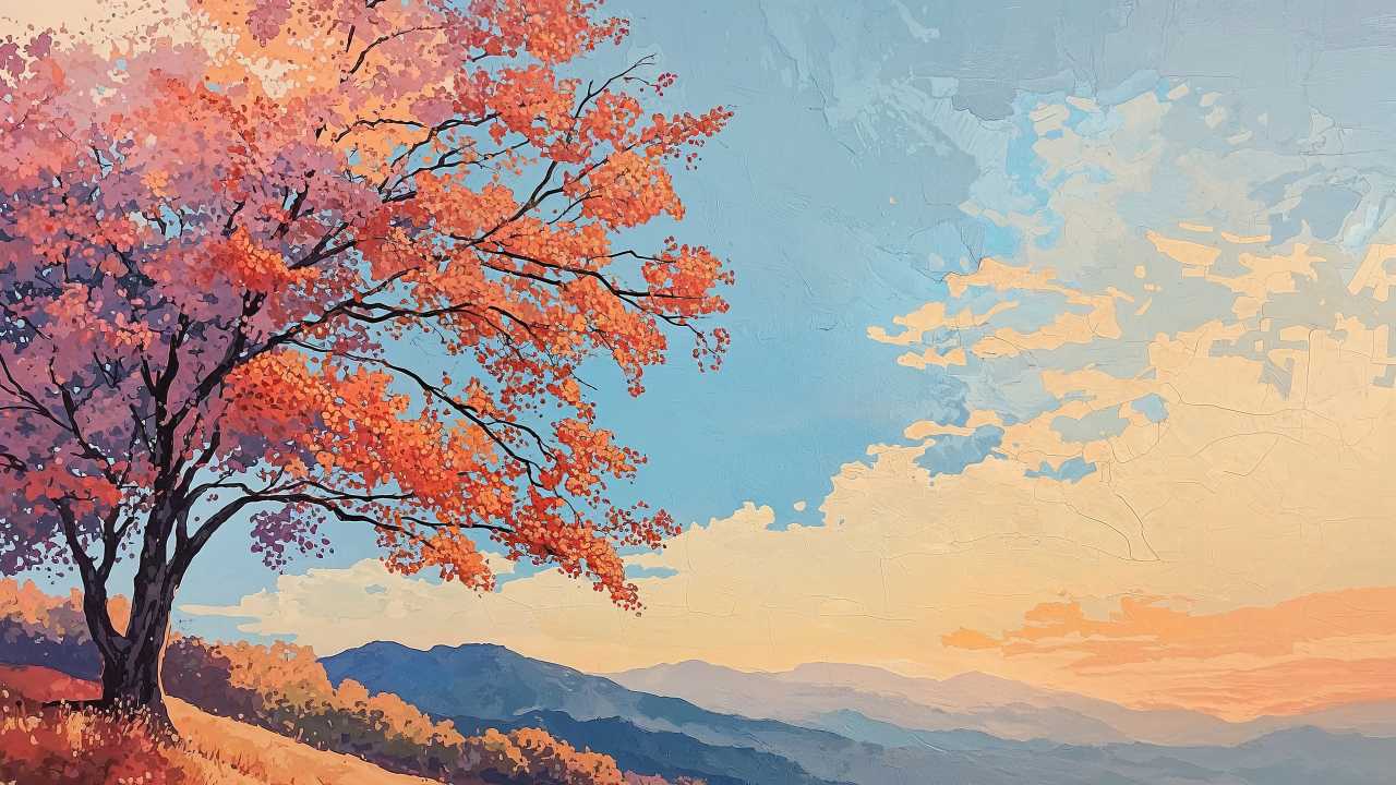 autumn decor wallpaper, nature painting, cozy interior, background for desktop wallpaper (horizontal)