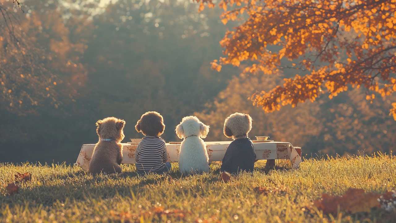 dogs thanksgiving wallpaper, autumn vibes, cozy homes, background for desktop wallpaper (horizontal)