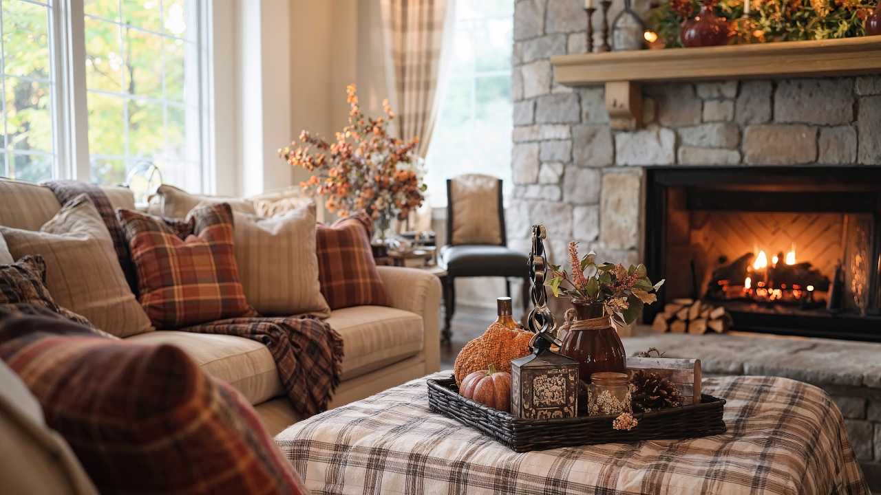 living room wallpaper, fireplace, seasonal decorations, background for desktop wallpaper (horizontal)