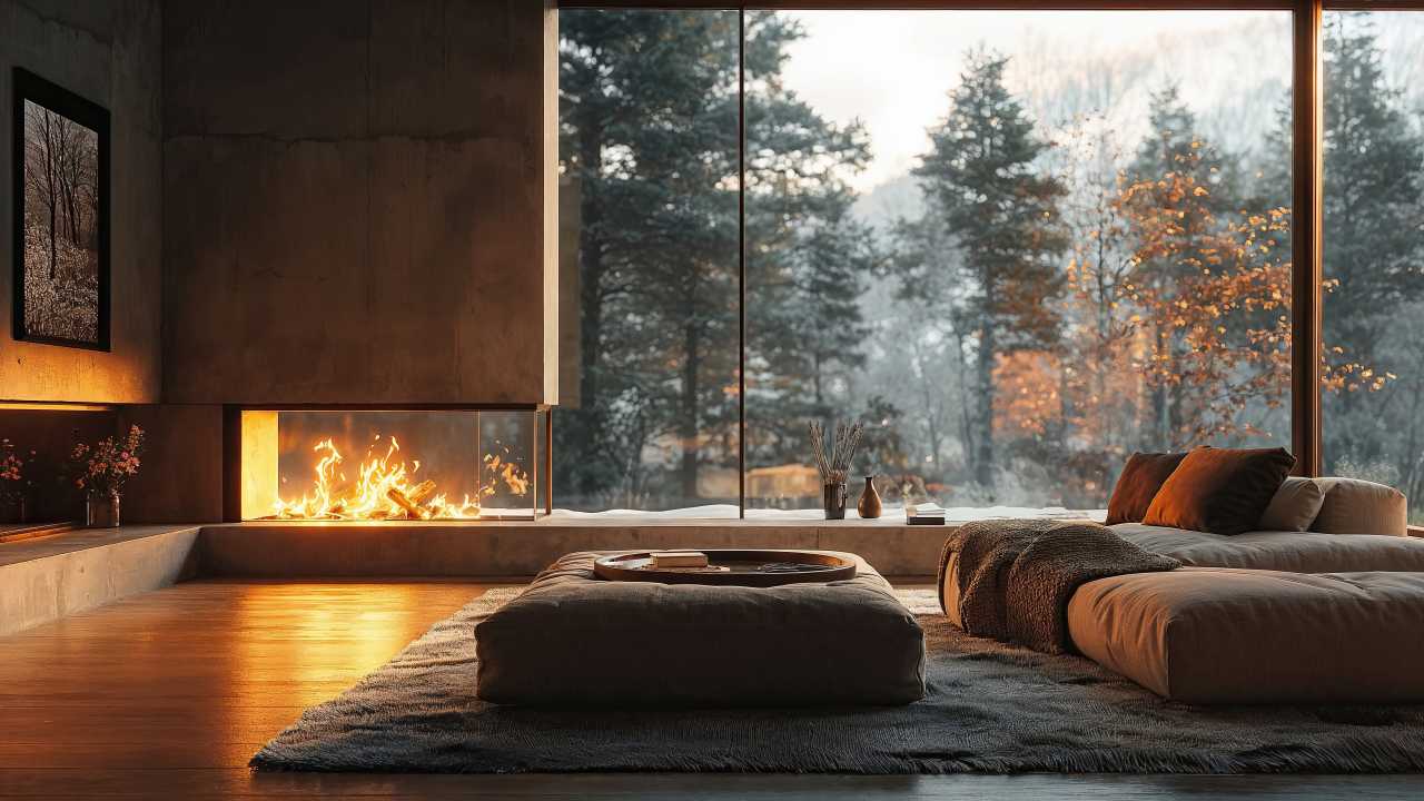 living room wallpaper, fireplace, seasonal comfort, background for desktop wallpaper (horizontal)