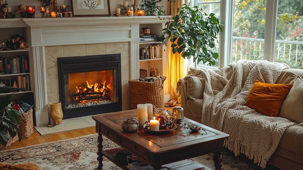 living room wallpaper, fireplace, seasonal comfort, background for desktop wallpaper (horizontal)