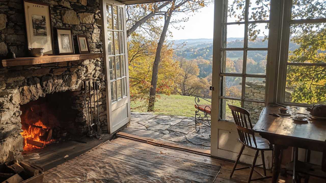 living room wallpaper, fireplace, rustic charm, background for desktop wallpaper (horizontal)