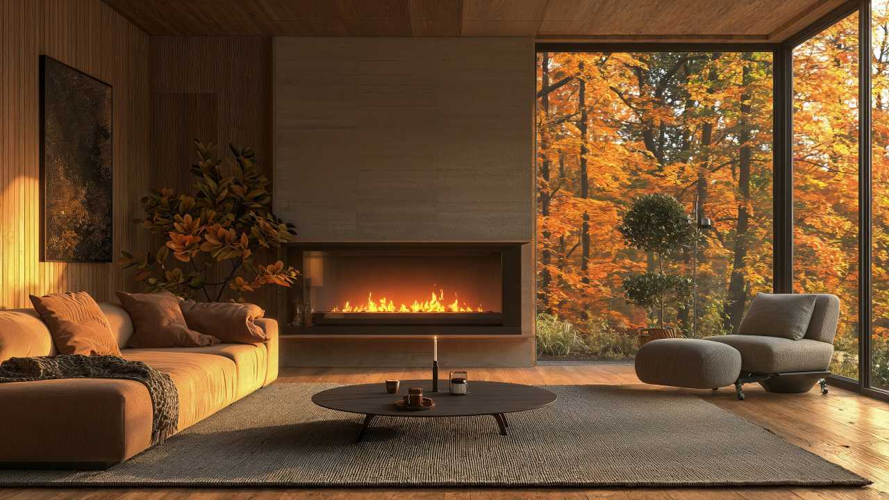 living room wallpaper, fireplace, fireplace ambiance, background for desktop wallpaper (horizontal)