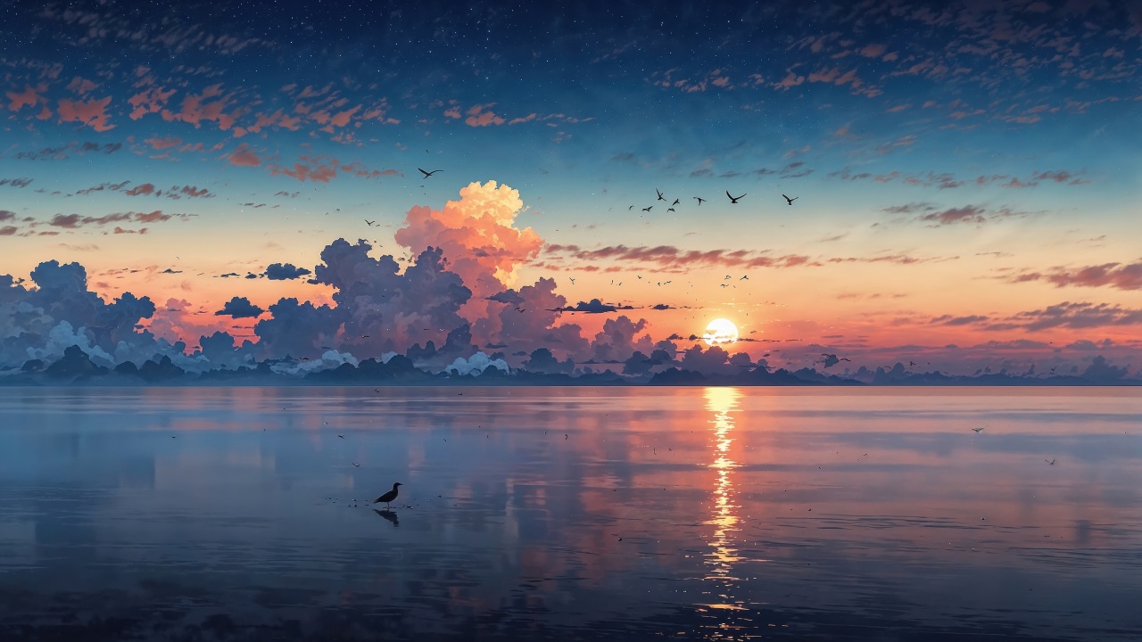 beach sunset wallpaper, horizon view, coastal view, background for desktop wallpaper (horizontal)