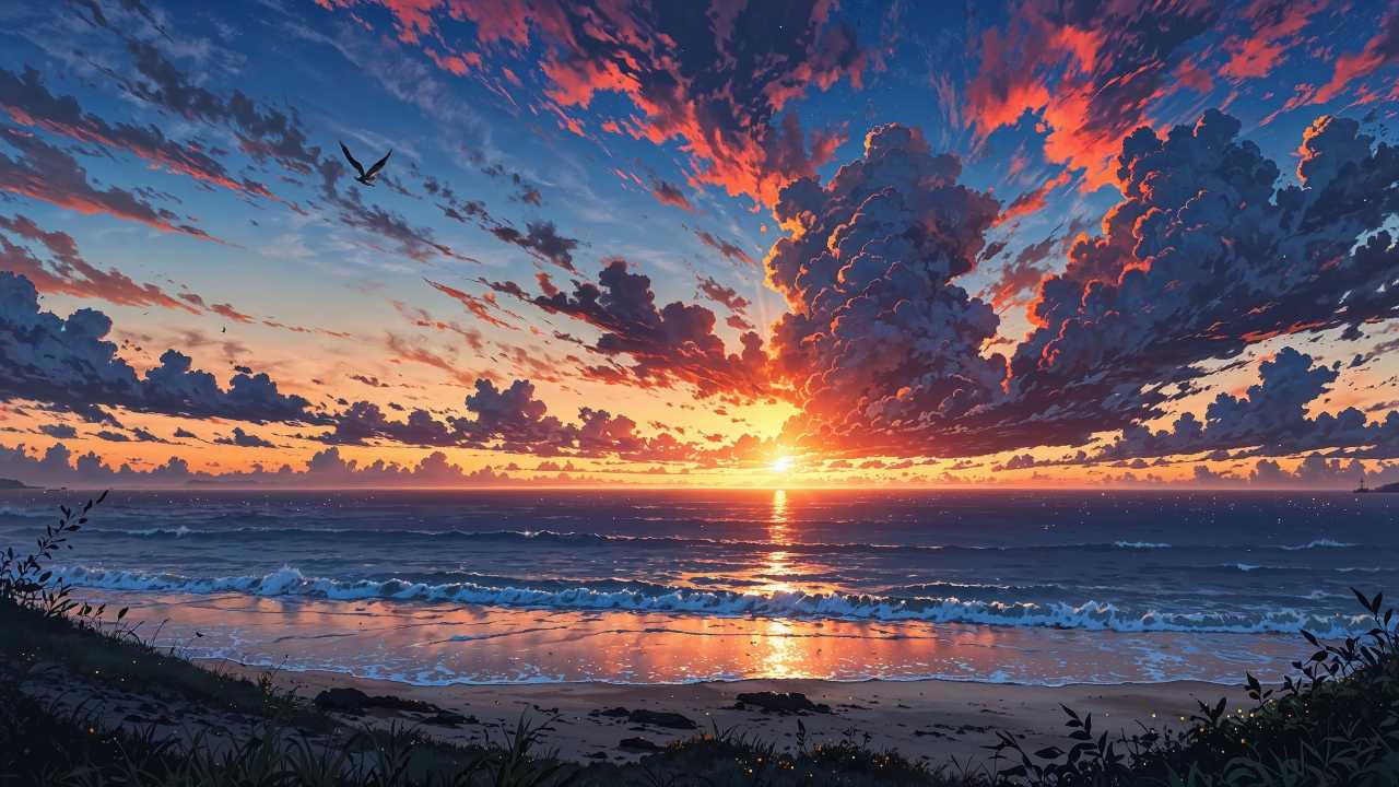 colorful clouds wallpaper, beautiful ocean view, twilight colors, background for desktop wallpaper (horizontal)