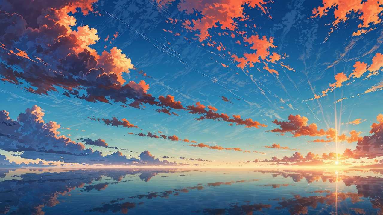 colorful sunset wallpaper, horizon view, coastal landscape, background for desktop wallpaper (horizontal)