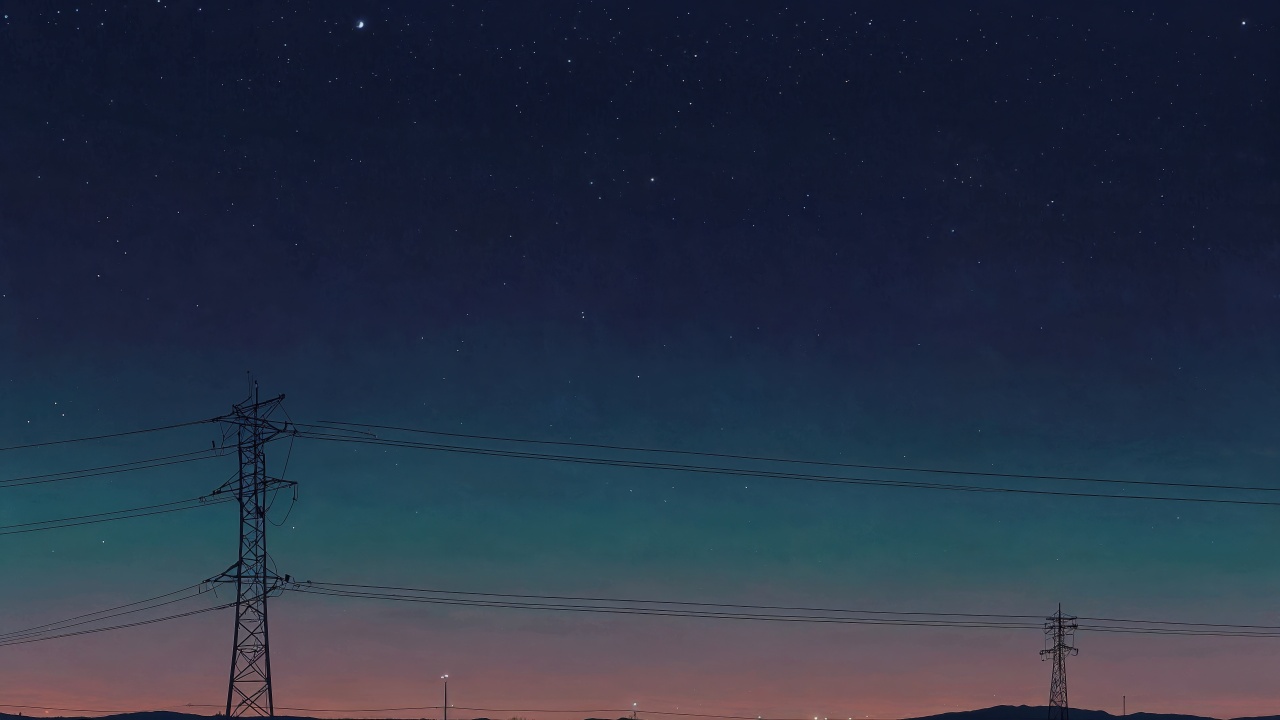 power line wallpaper, starry night, nighttime landscape, background for desktop wallpaper (horizontal)