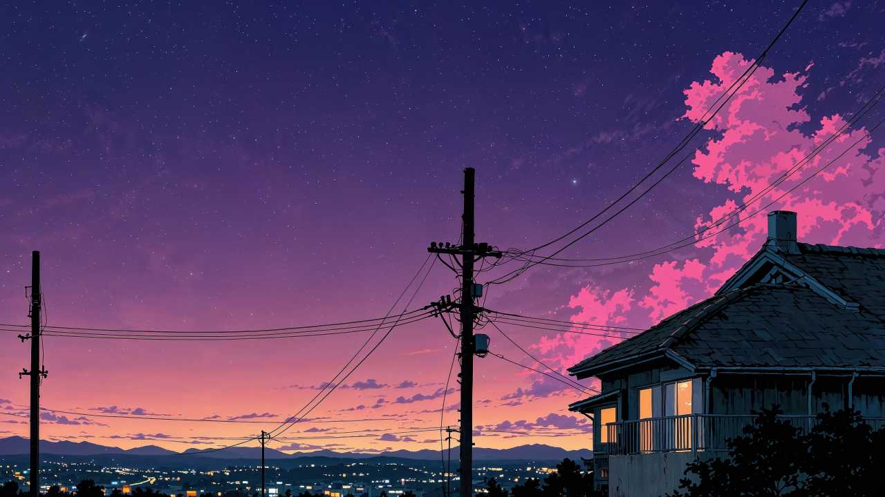 power line wallpaper, nighttime landscape, stars shining, background for desktop wallpaper (horizontal)