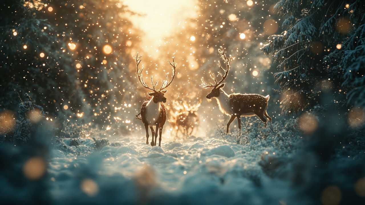 christmas reindeers wallpaper, snowy, festive season, background for desktop wallpaper (horizontal)