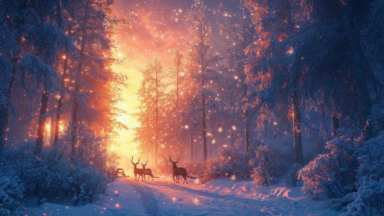 christmas reindeers wallpaper, winter wonderland decorations, cozy cabins, background for desktop wallpaper (horizontal)