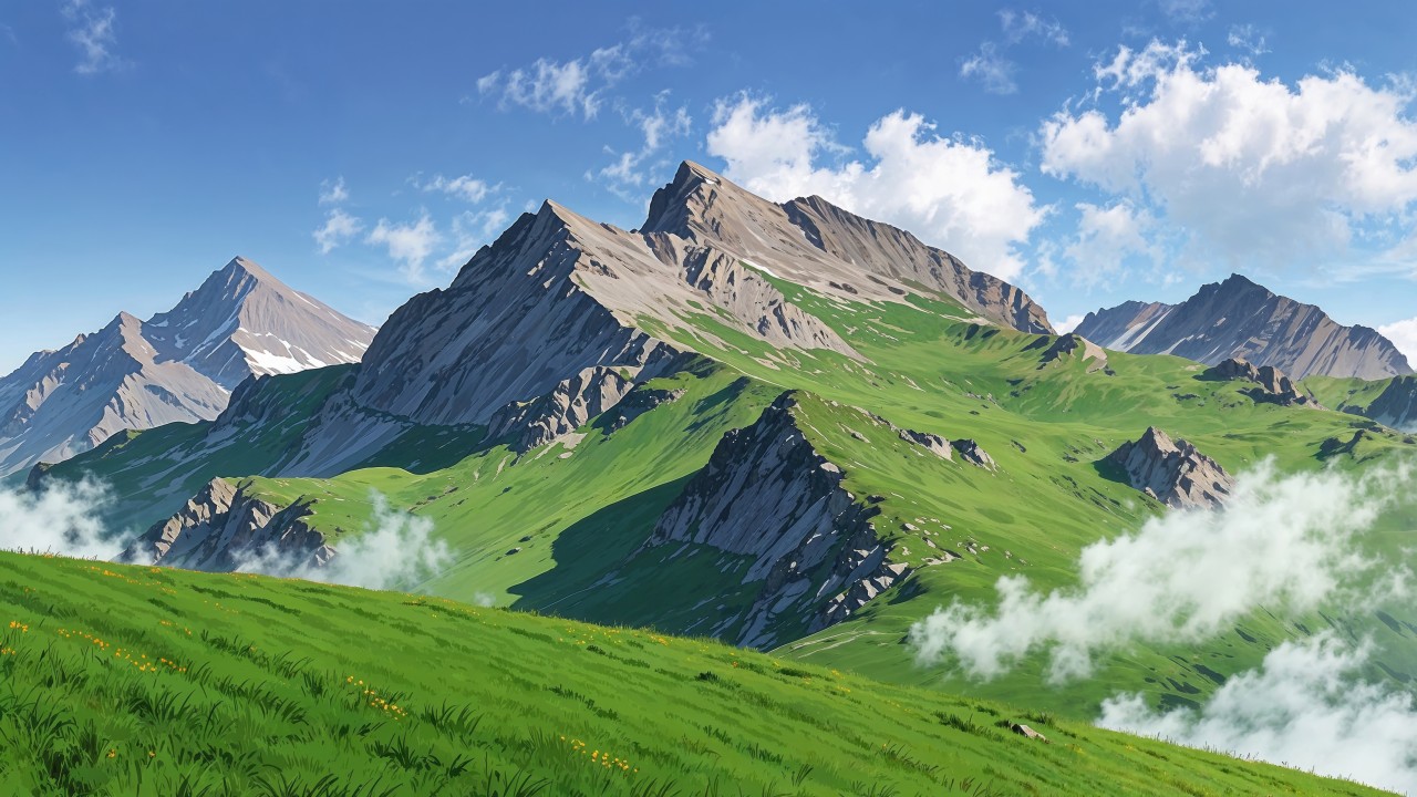 springtime wallpaper, green grass, blooming flowers, background for desktop wallpaper (horizontal)