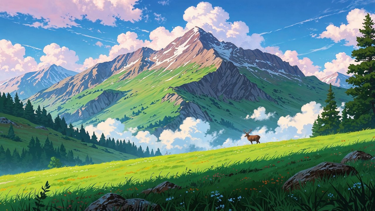 green hills wallpaper, fluffy clouds, rolling meadows, background for desktop wallpaper (horizontal)