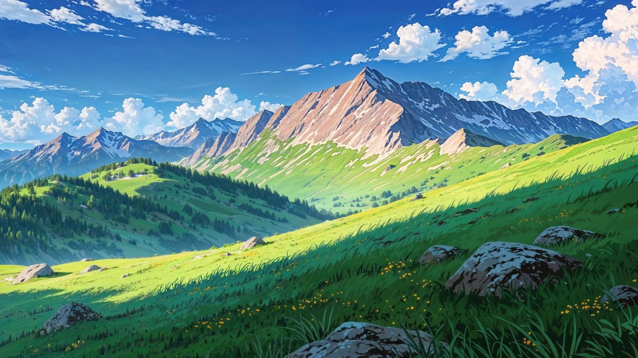 green hills wallpaper, fluffy clouds, blooming flowers, background for desktop wallpaper (horizontal)