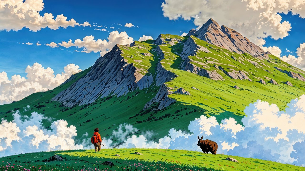 green hills wallpaper, fluffy clouds, springtime, background for desktop wallpaper (horizontal)