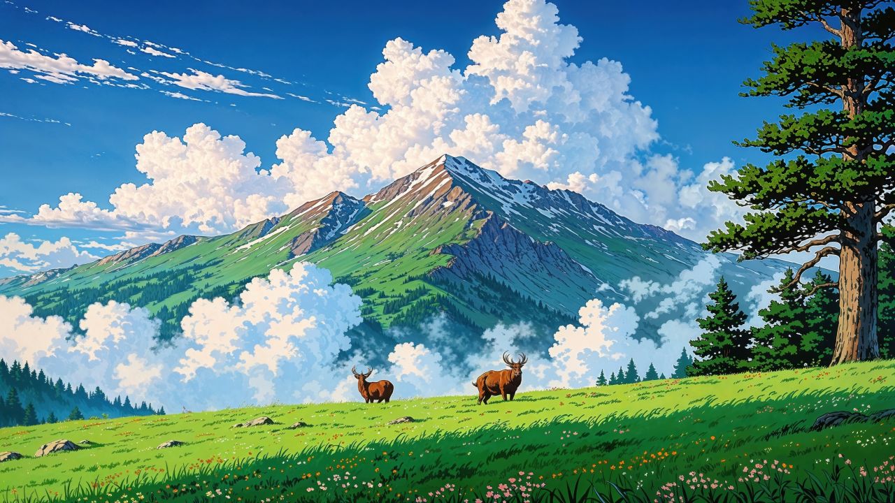 green hills wallpaper, blooming flowers, fresh grass, background for desktop wallpaper (horizontal)