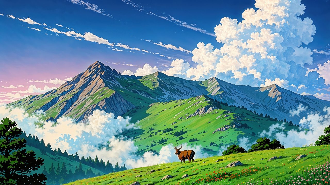 green hills wallpaper, springtime flowers, sunny meadows, background for desktop wallpaper (horizontal)