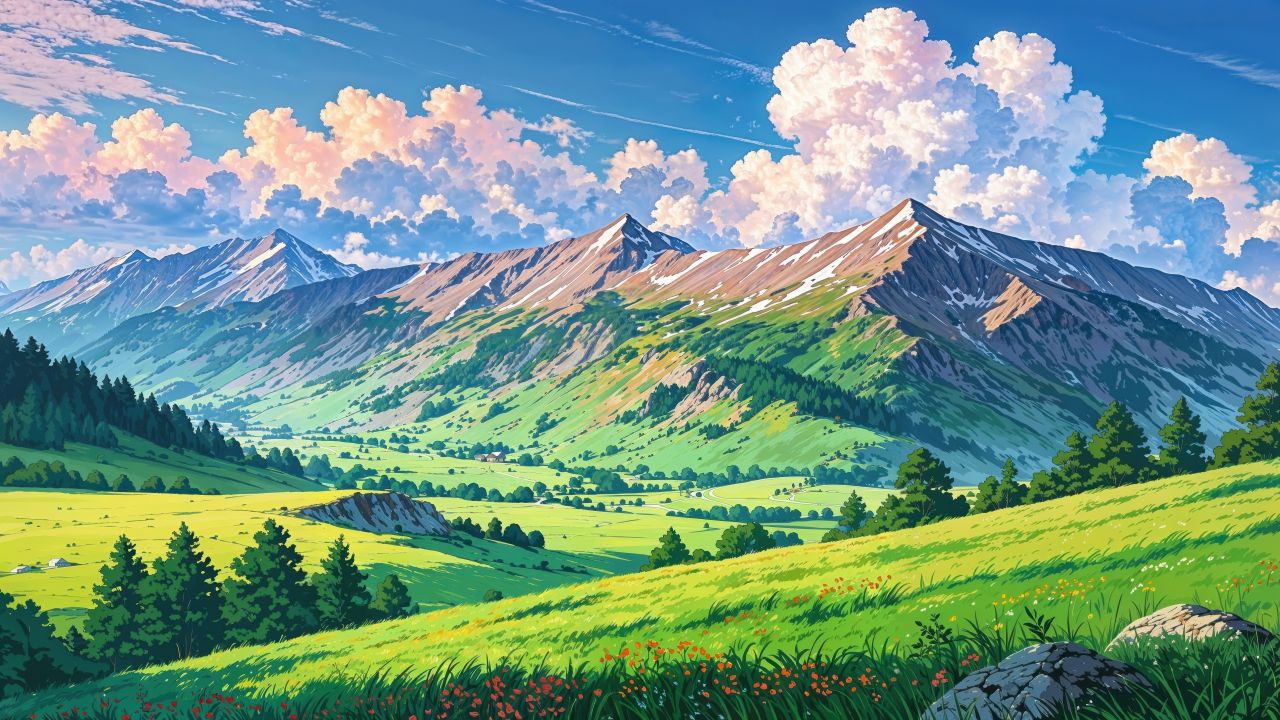 green hills wallpaper, blooming flowers, rolling meadows, background for desktop wallpaper (horizontal)