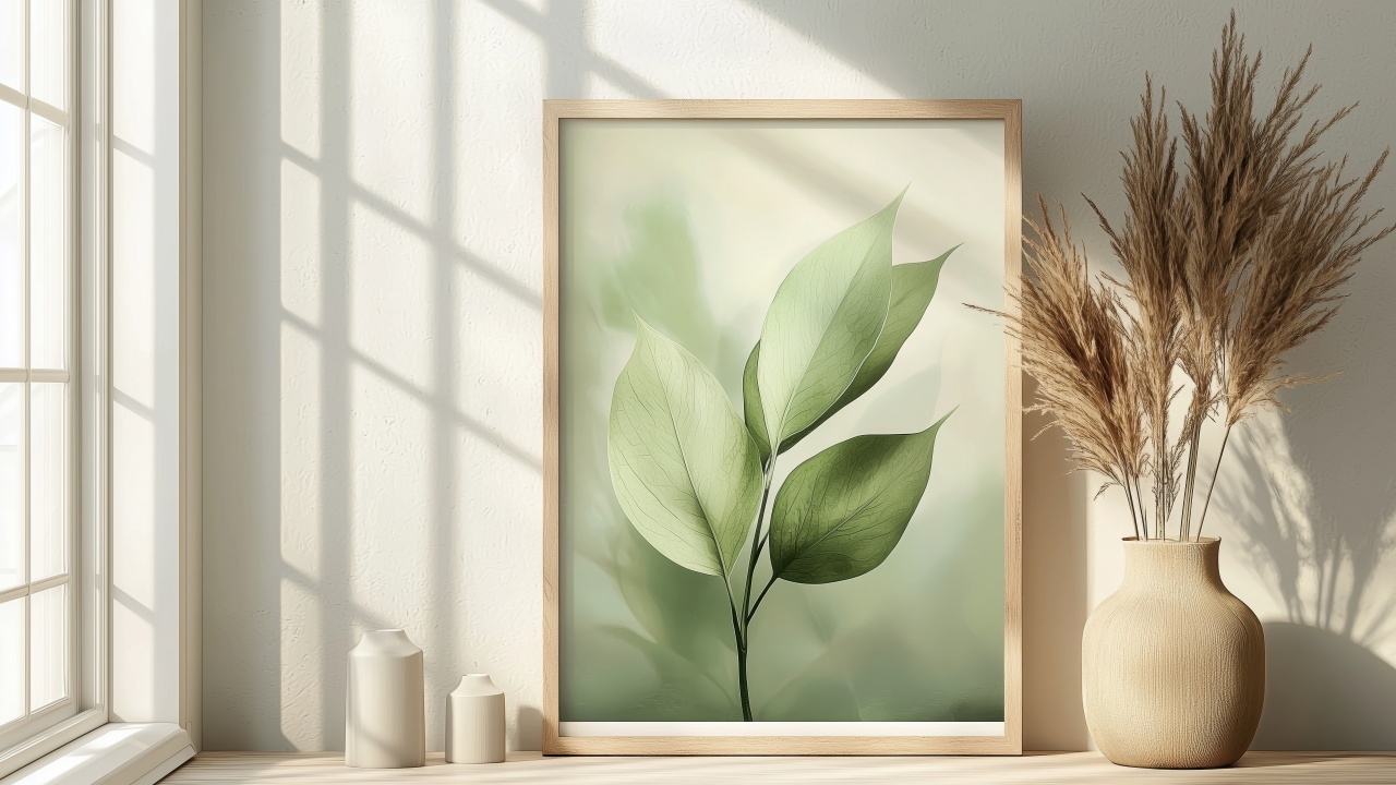 interior design wallpaper, green hue, sustainable living, background for desktop wallpaper (horizontal)