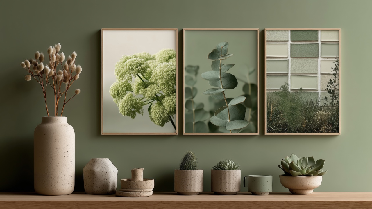 interior design wallpaper, green hue, sustainable living, background for desktop wallpaper (horizontal)