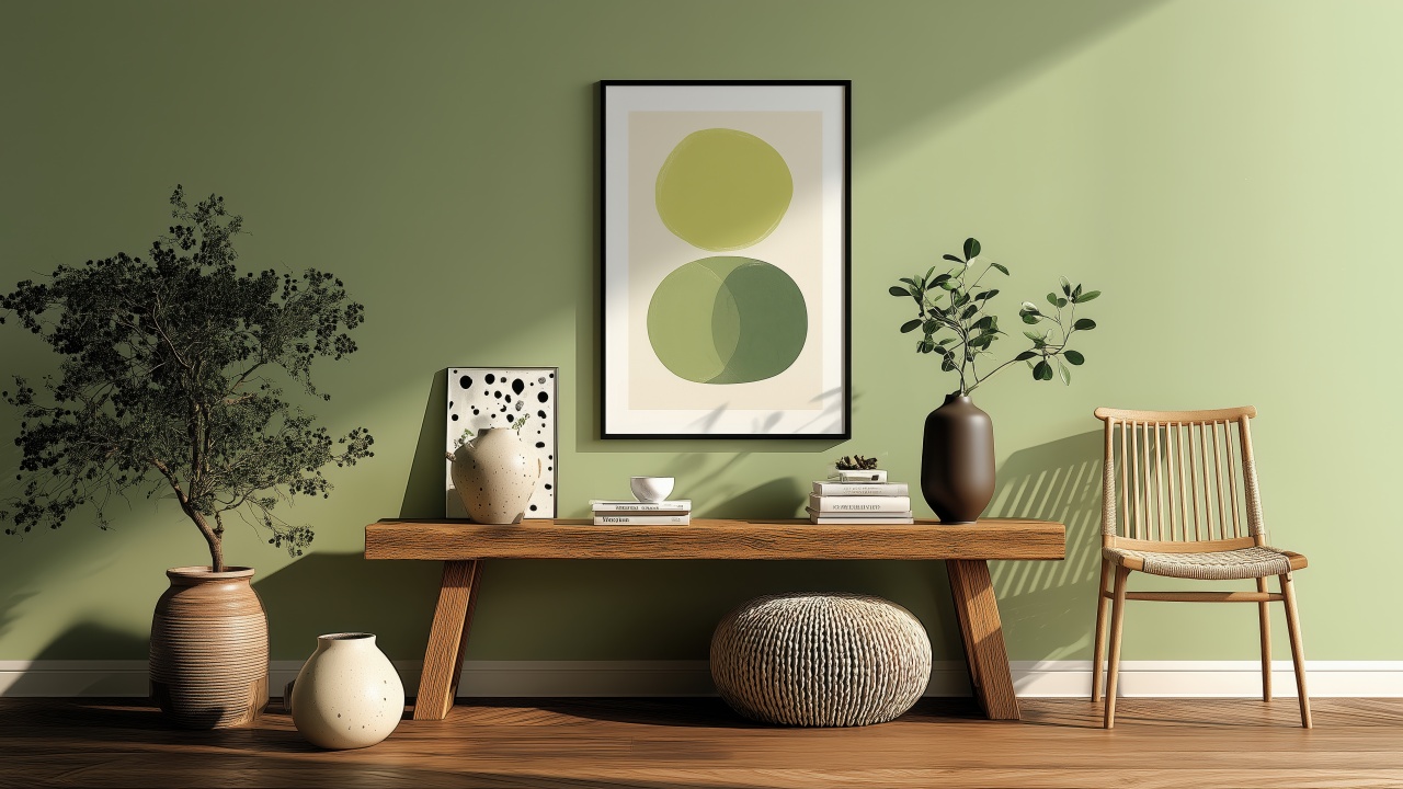 interior design wallpaper, green hue, eco-friendly decor, background for desktop wallpaper (horizontal)