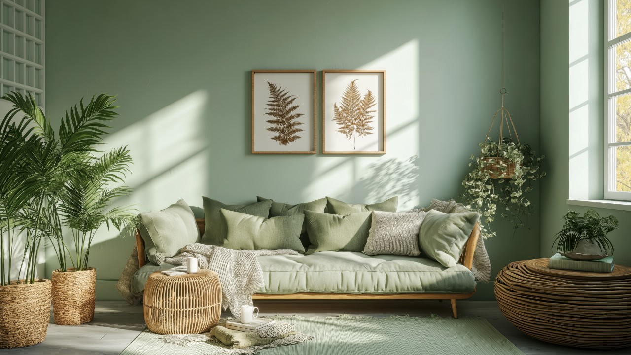 interior design wallpaper, green hue, eco-friendly interiors, background for desktop wallpaper (horizontal)