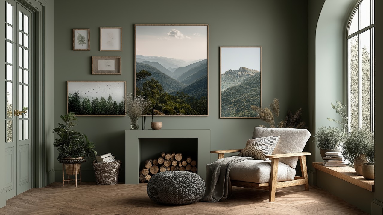 interior design wallpaper, green hue, sustainable interior design, background for desktop wallpaper (horizontal)