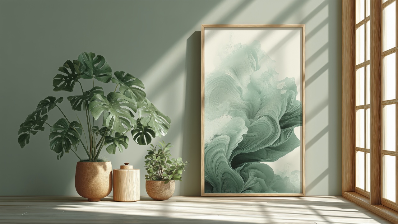 biophilic interior design wallpaper, organic aesthetics, sustainable design, background for desktop wallpaper (horizontal)