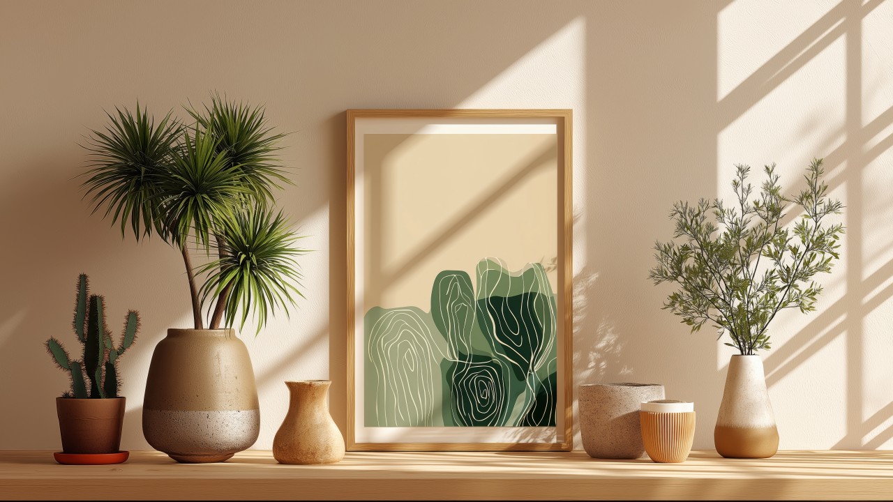 biophilic interior design wallpaper, organic aesthetics, sustainable interior, background for desktop wallpaper (horizontal)