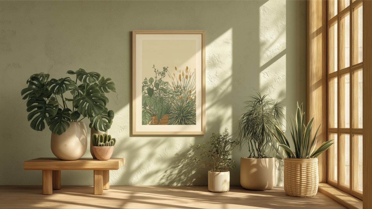 interior design wallpaper, green hue, lush foliage, background for desktop wallpaper (horizontal)