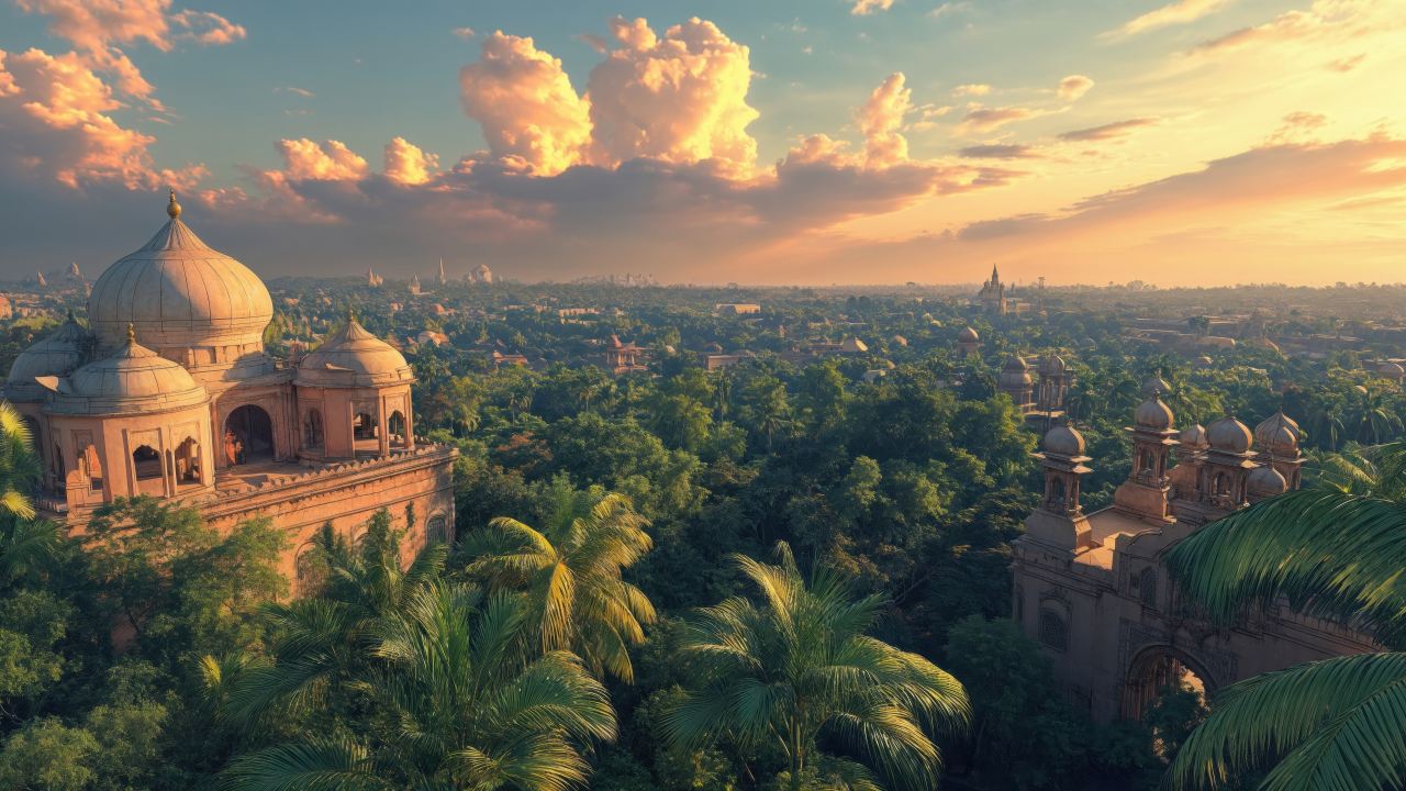 temple architecture wallpaper, ancient forest, cultural landmarks, background for desktop wallpaper (horizontal)