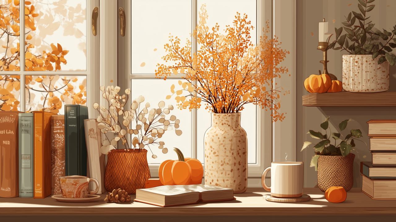 fall decor wallpaper, autumn style, pumpkin spice, background for desktop wallpaper (horizontal)