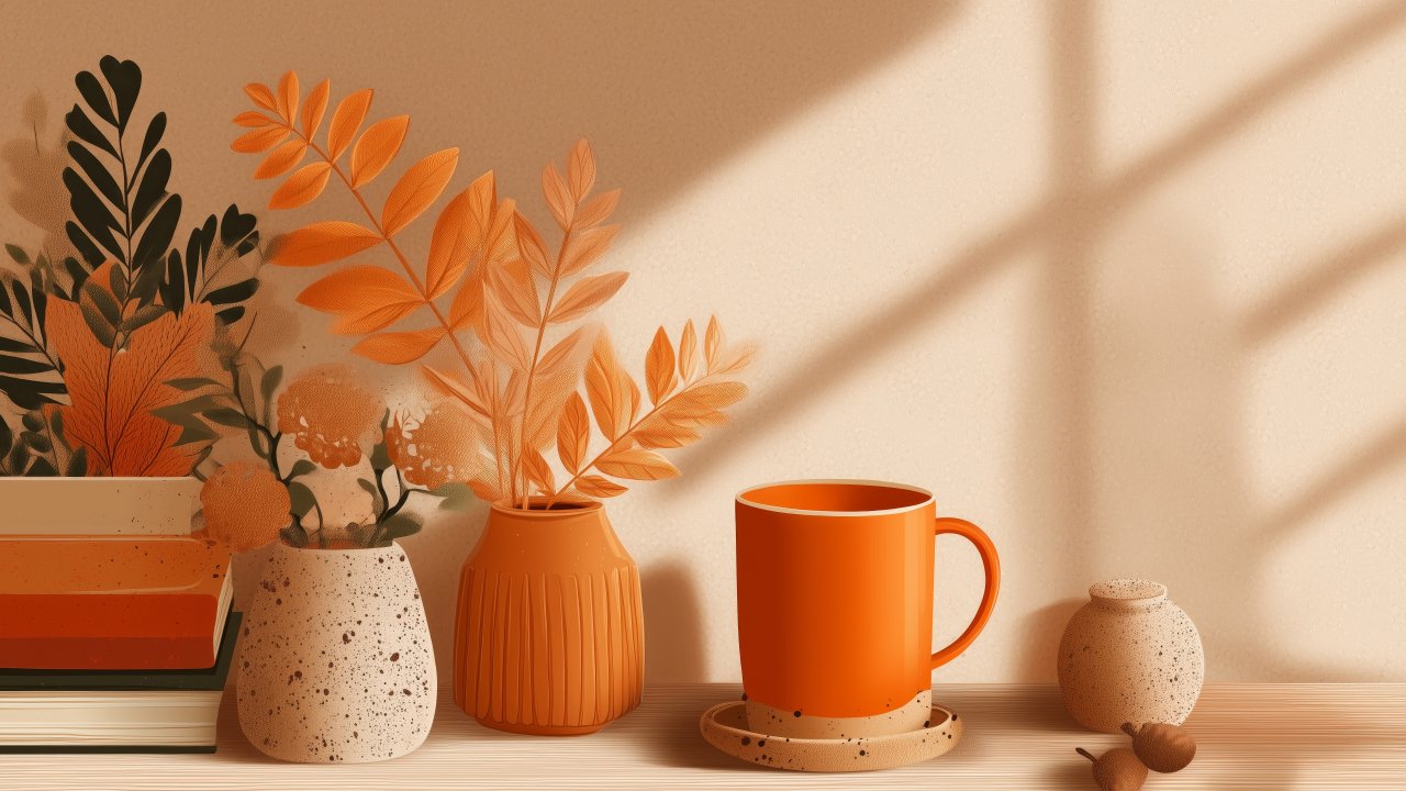 fall decor wallpaper, autumn style, cozy mugs, background for desktop wallpaper (horizontal)
