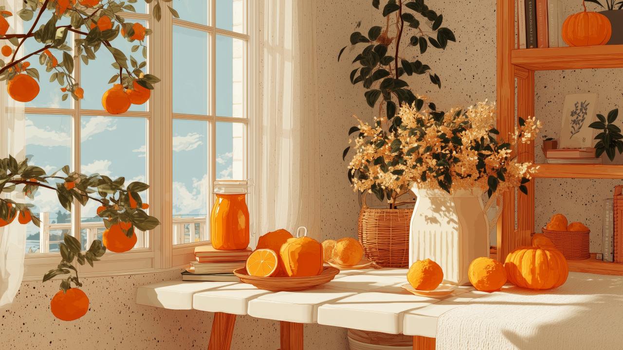 fall decoration wallpaper, cozy home, warm blankets, background for desktop wallpaper (horizontal)