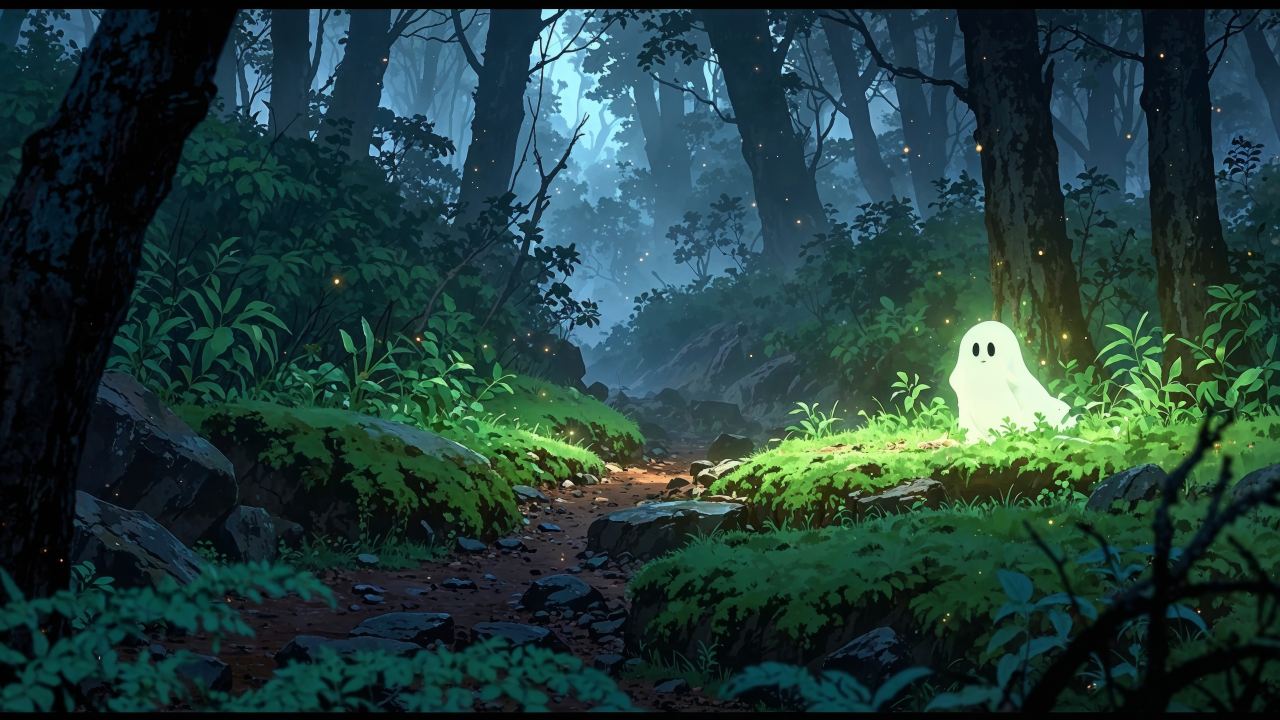 halloween ghosts wallpaper, foggy forest, cute monsters, background for desktop wallpaper (horizontal)