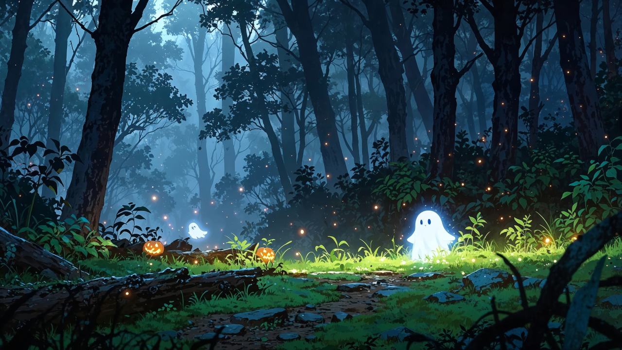 halloween ghosts wallpaper, foggy forest, cute monsters, background for desktop wallpaper (horizontal)