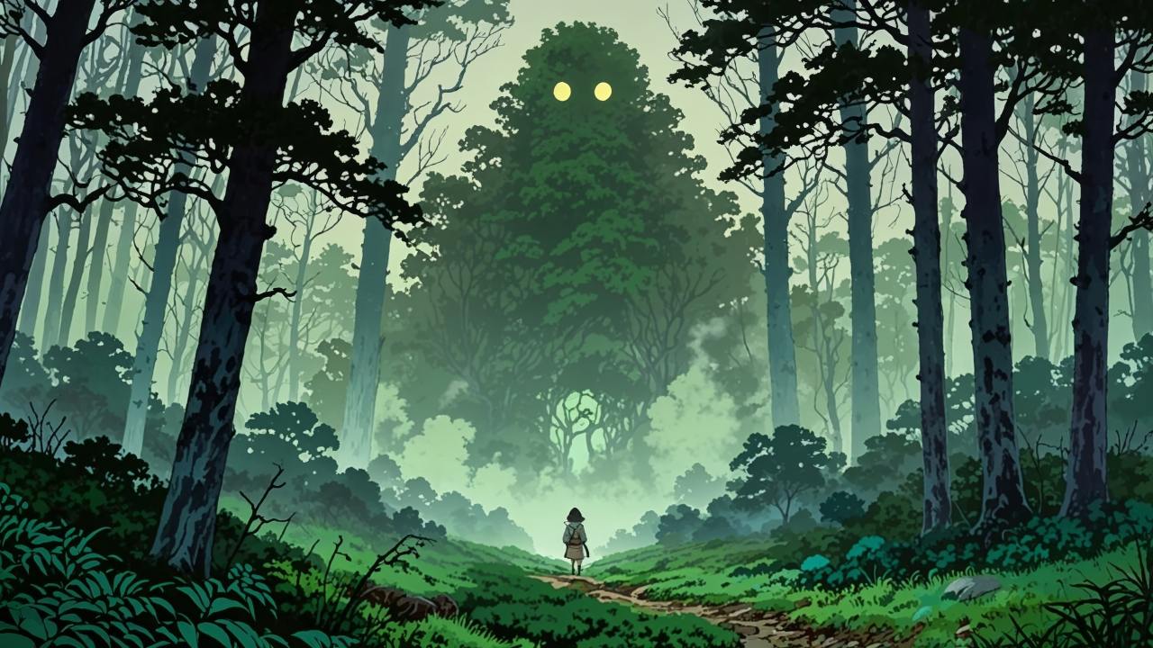 nature spirit wallpaper, eerie atmosphere, dark forest, background for desktop wallpaper (horizontal)