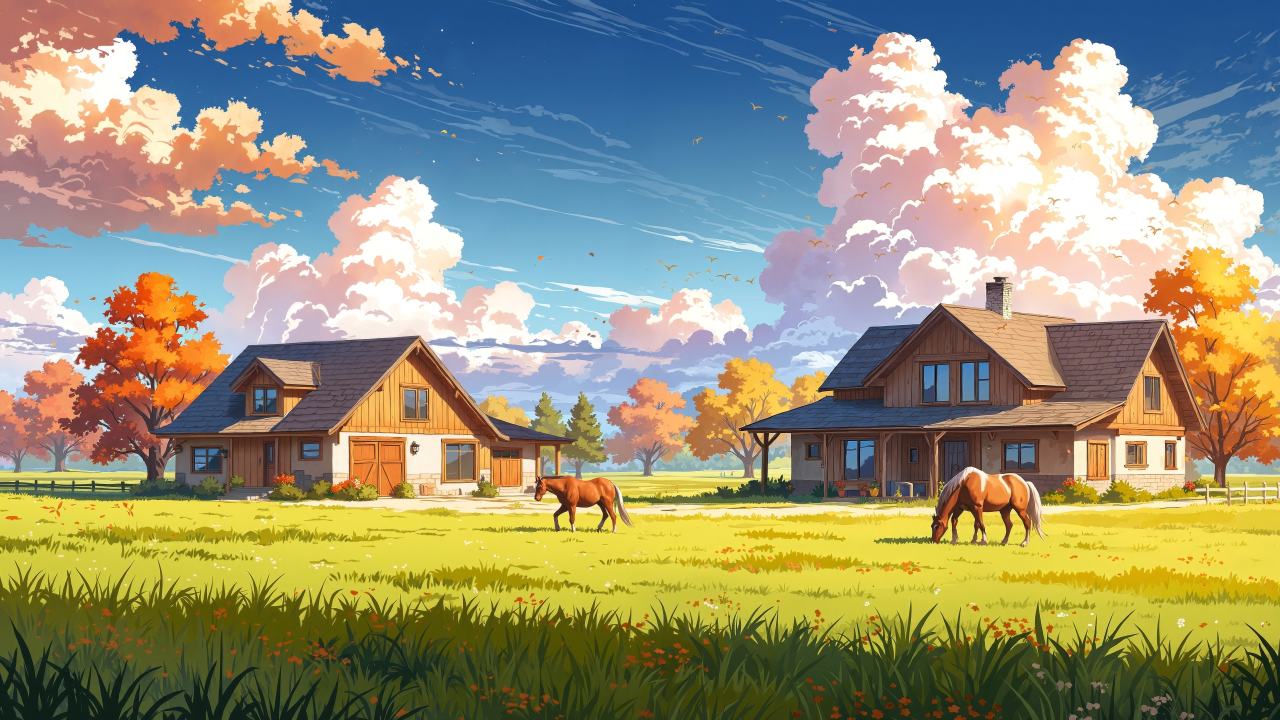 modern farmhouse wallpaper, autumn house, country living, background for desktop wallpaper (horizontal)