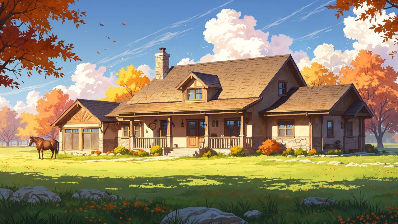 modern farmhouse wallpaper, autumn house, country chic, background for desktop wallpaper (horizontal)