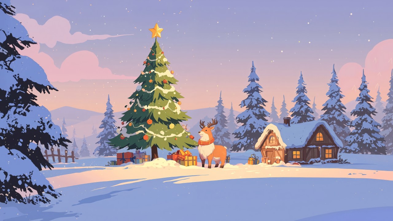 pine tree forest wallpaper, festive lights, cozy fireplace, background for desktop wallpaper (horizontal)