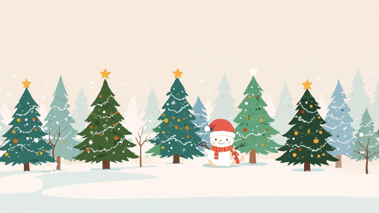 december festivities wallpaper, pine tree forest, festive lights, background for desktop wallpaper (horizontal)