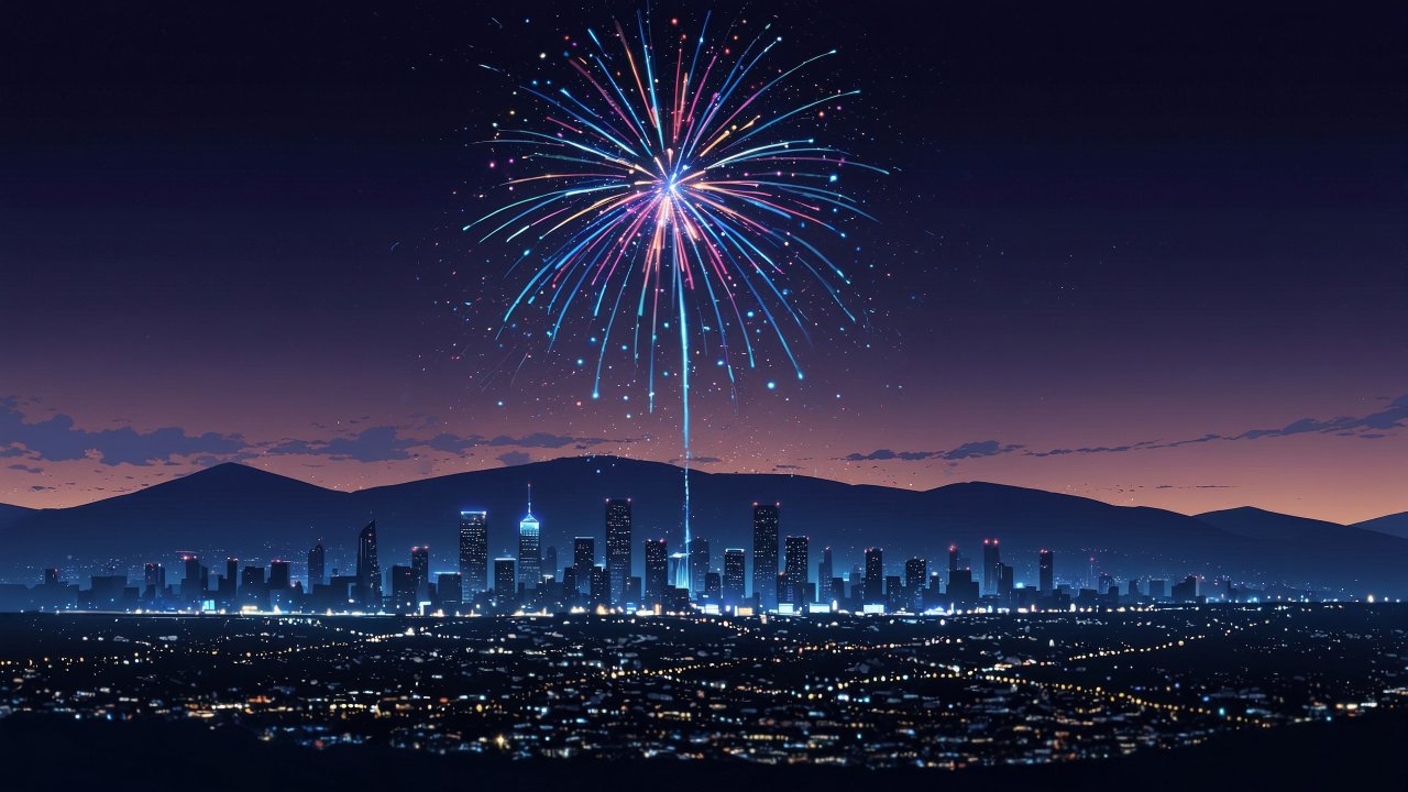 new year fireworks wallpaper, cityscape, city lights, background for desktop wallpaper (horizontal)