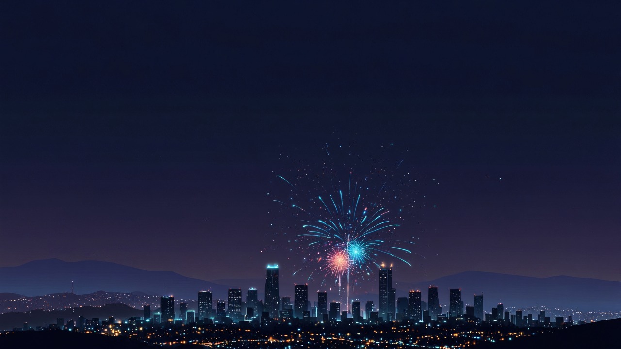 new year fireworks wallpaper, cityscape, holiday festivities, background for desktop wallpaper (horizontal)
