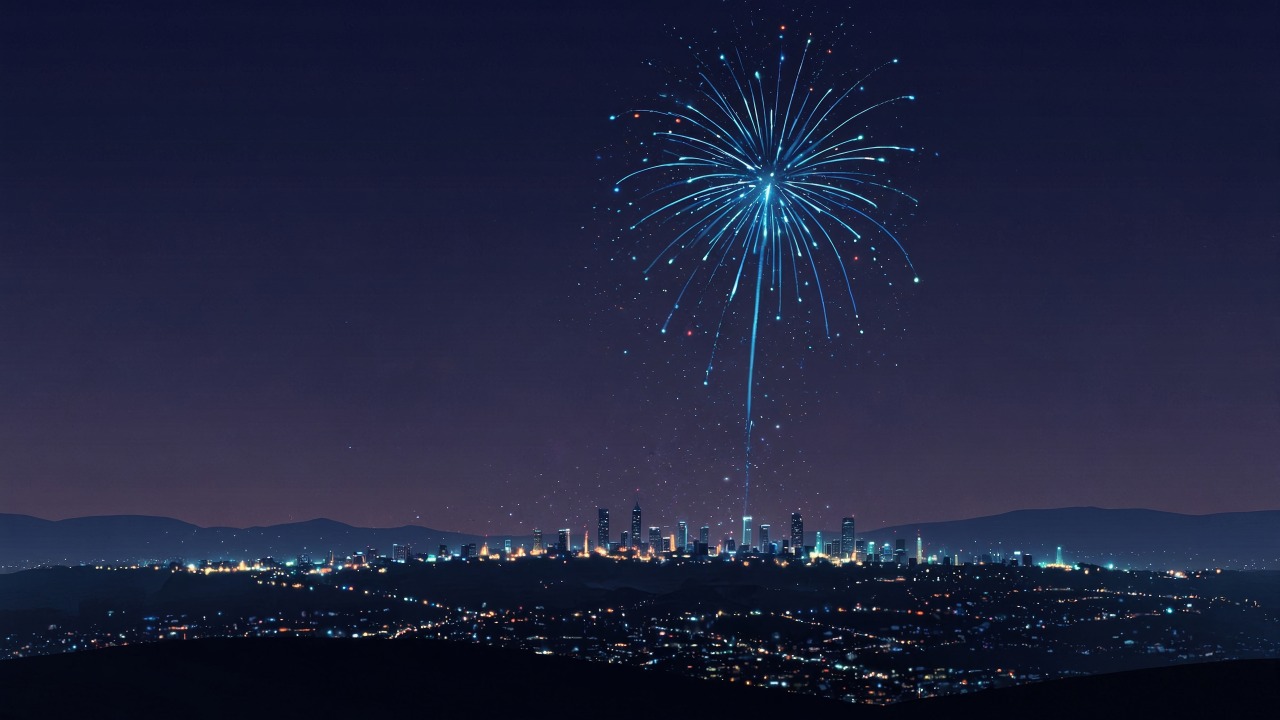new year fireworks wallpaper, cityscape, countdown to midnight, background for desktop wallpaper (horizontal)