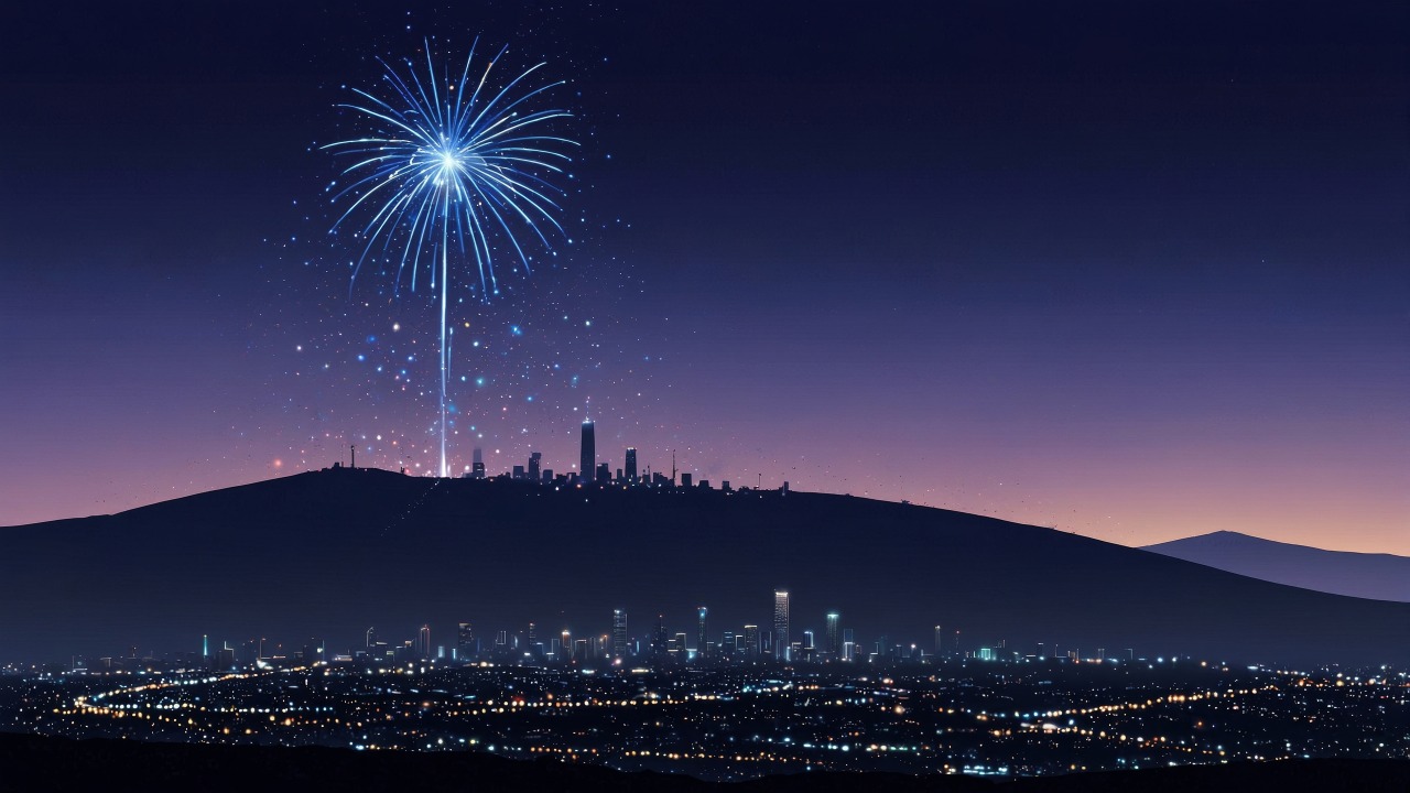 new year fireworks wallpaper, cityscape, city skyline, background for desktop wallpaper (horizontal)