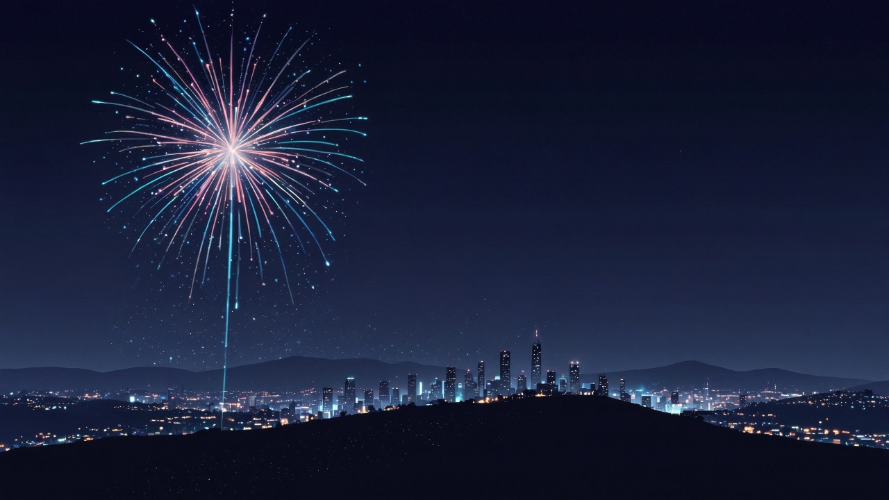 new year fireworks wallpaper, cityscape, holiday festivities, background for desktop wallpaper (horizontal)