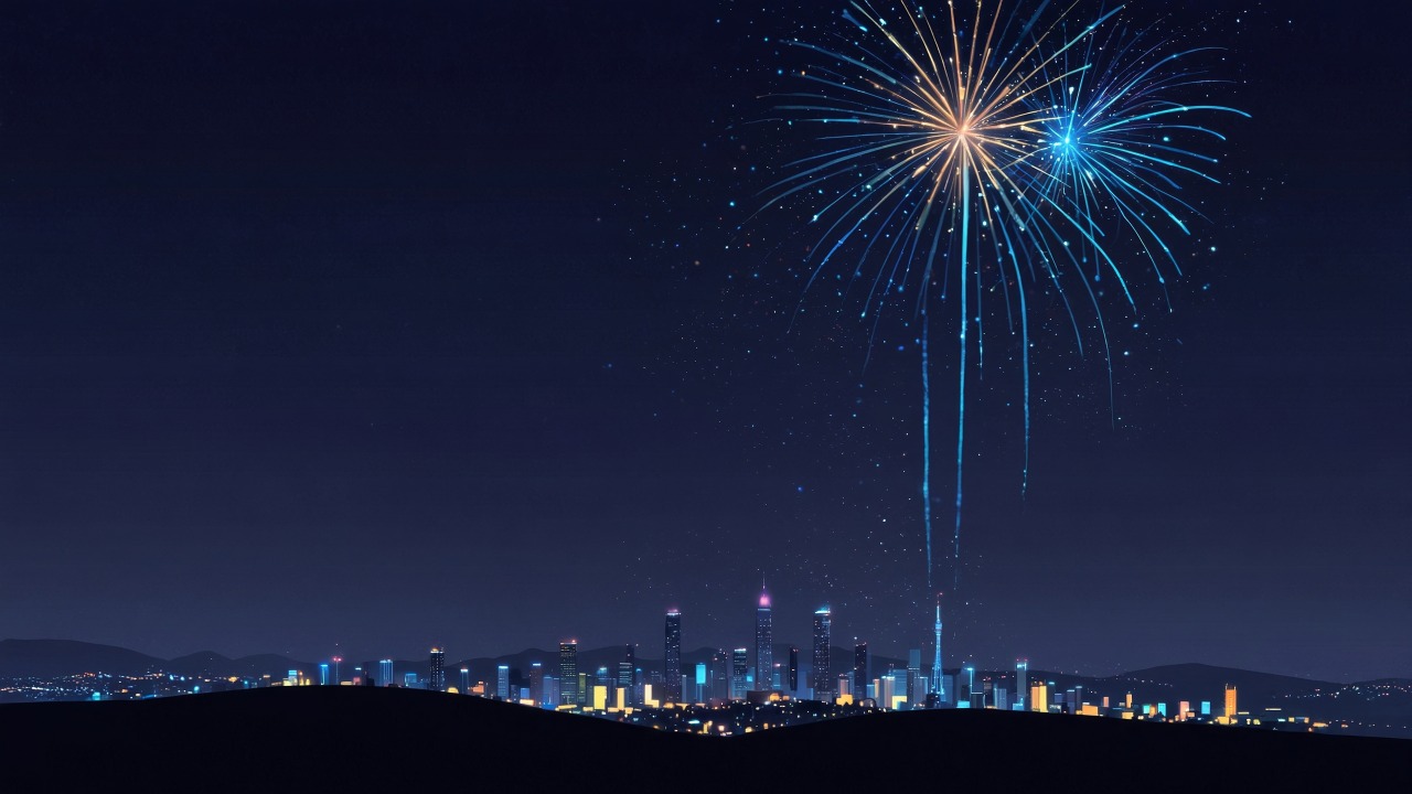 new years eve wallpaper, city skyline, fireworks display, background for desktop wallpaper (horizontal)