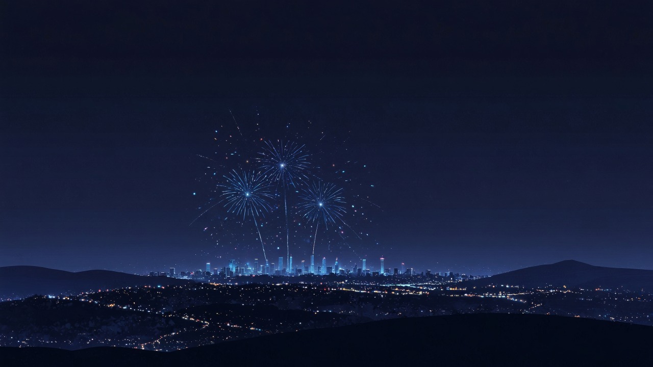 new years eve wallpaper, city skyline, festive celebrations, background for desktop wallpaper (horizontal)