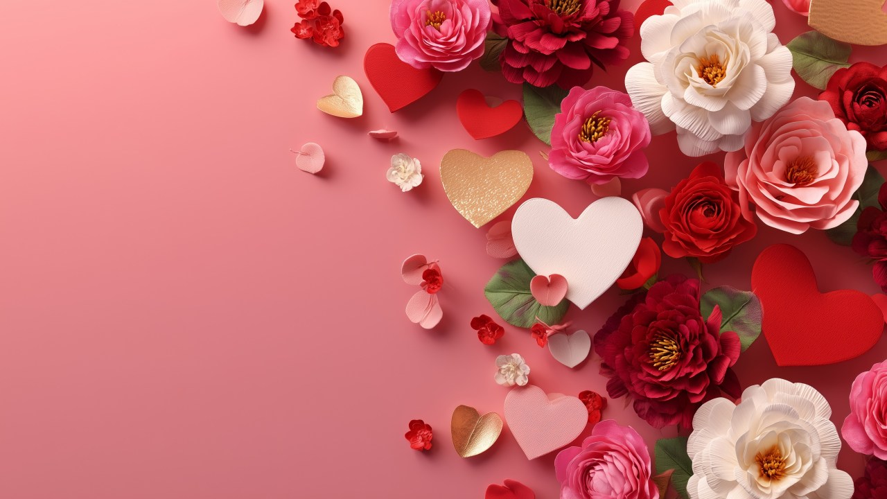 valentine flowers wallpaper, lovecore aesthetic, cozy atmosphere, background for desktop wallpaper (horizontal)